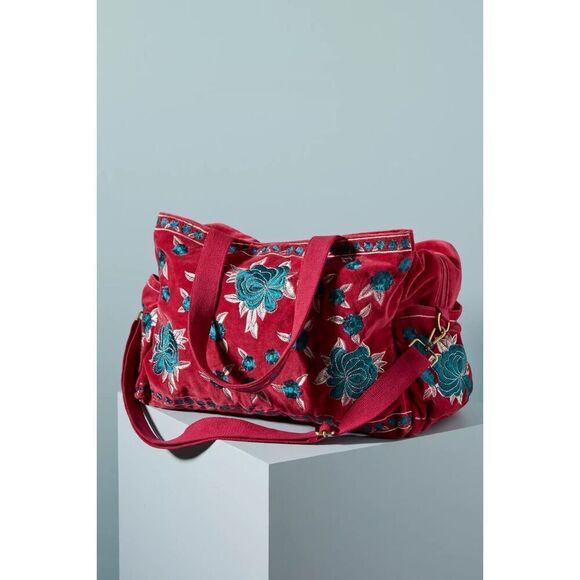 Anthropologie Floral Velvet Weekender Bag Pink Blue Embroidered NEW - Picture 1 of 15